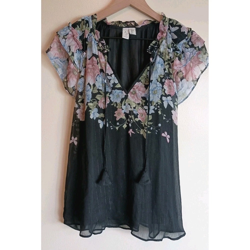 Joie Floral Butterfly Flutter Sleeve Tassel Tie Chiffon‎ Blouse Black Size L